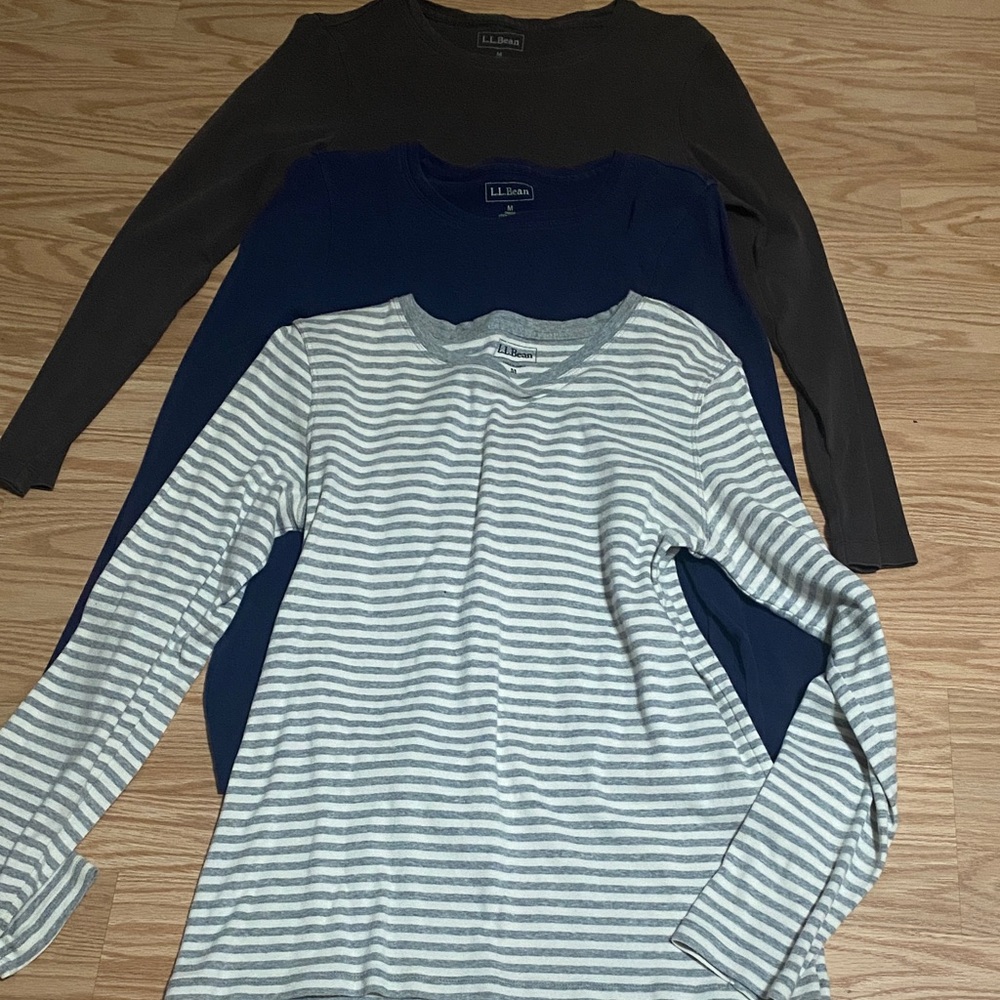 L.L. Bean Women's Classic Cotton Crew Neck Tee Trio - Gray Navy Brown M LL Bean